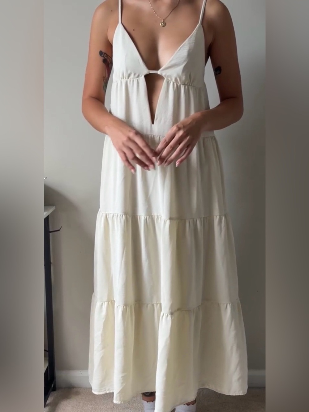 SHEIN Cream Tiered Spaghetti Strap Maxi Dress